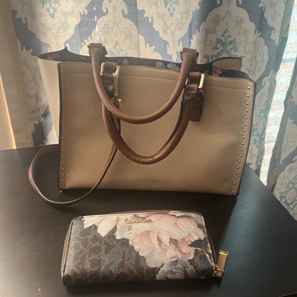 Calvin Klein Cream and Brown Tote Bag & Floral Wallet